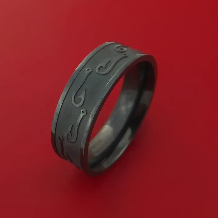 Black Zirconium Ring with Fish Hook LaserEtched Pattern Inlay Custom Made Band Lashbrook Rings Black Zirconium Ring with Fish Hook LaserEtched Pattern Inlay Custom Made Band Lashbrook Rings