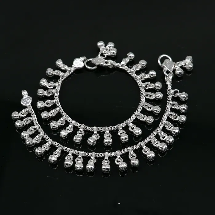 Bracelets 55 long Vintage design sterling silver handmade amazing waved noisy hanging drops bells baby anklet ankle bracelet charm bracelet ank428 TRIBAL ORNAMENTS