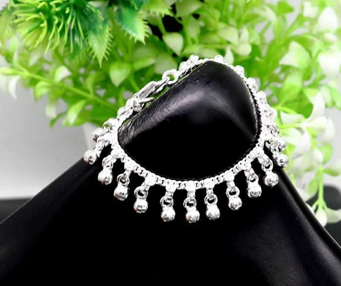 Bracelets 55 long Vintage design sterling silver handmade amazing waved noisy hanging drops bells baby anklet ankle bracelet charm bracelet ank428 TRIBAL ORNAMENTS