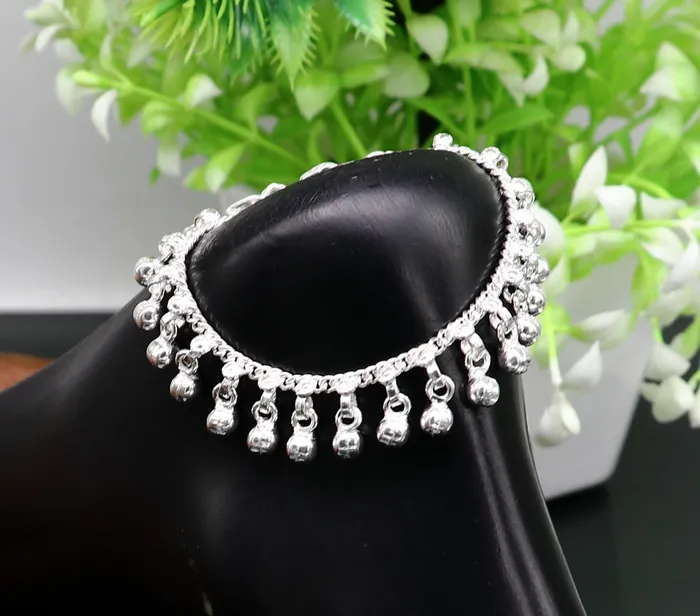 Bracelets 55 long Vintage design sterling silver handmade amazing waved noisy hanging drops bells baby anklet ankle bracelet charm bracelet ank428 TRIBAL ORNAMENTS