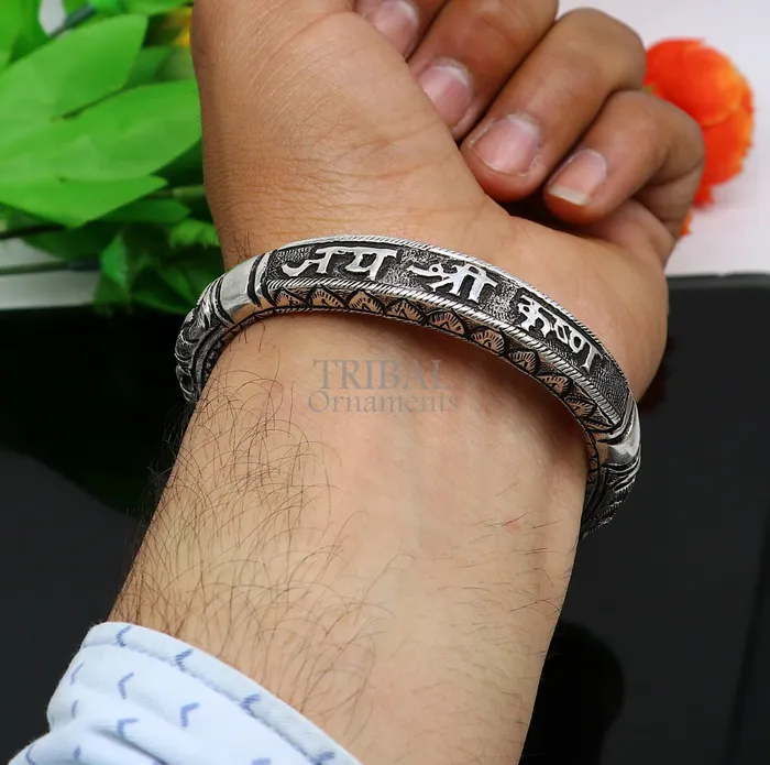 Bracelets 925 Sterling silver handmade trendy jai shree Krishna lord krishna mantra bracelet kada best divine unisex tribal gifting jewelry nsk651 TRIBAL ORNAMENTS