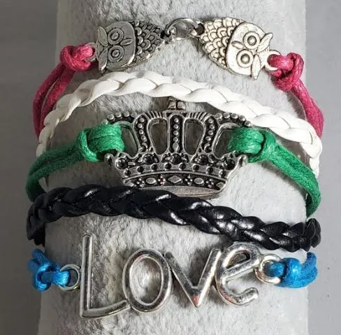 Bracelets alice AZ288 Multi Color Owl Crown Love Leather Layer Bracelet