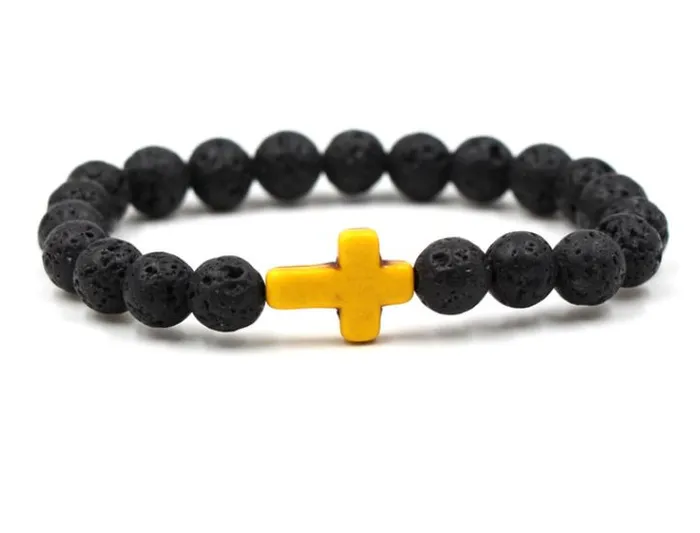 Bracelets B579 Black Lava Stone Yellow Cross Bead Bracelet polly