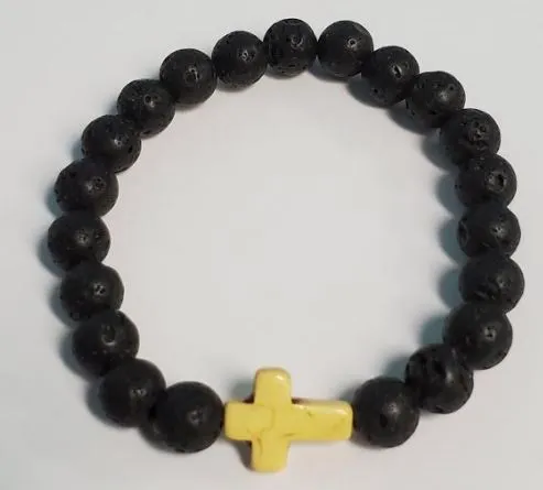 Bracelets B579 Black Lava Stone Yellow Cross Bead Bracelet polly