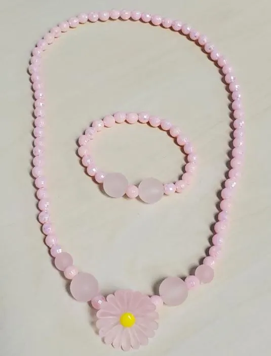 Bracelets L394 Iridescent Pink Frosted Daisy Bead Necklace Bracelet Set POLLY