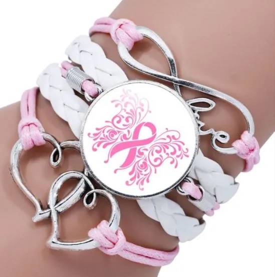Bracelets POLLY B1006 Pink White Butterfly Ribbon Breast Cancer Awareness Leather Layered Bracelet