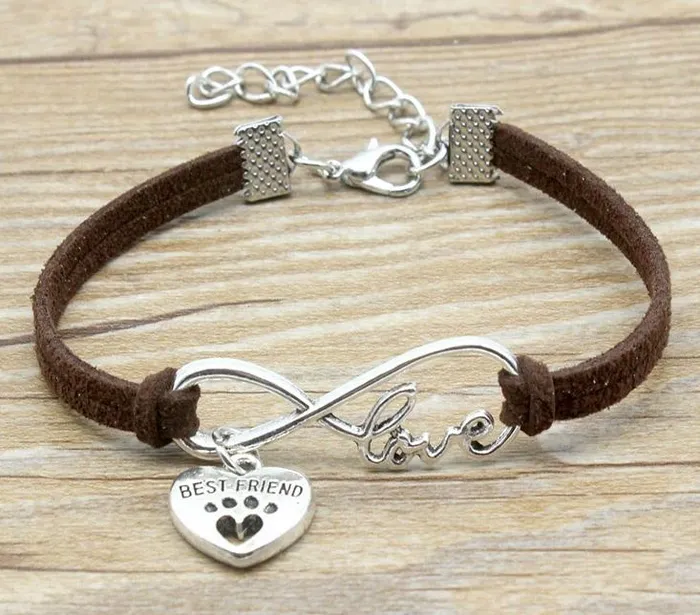 Bracelets polly B356 Brown Best Friend Paw Print Leather Cord Bracelet