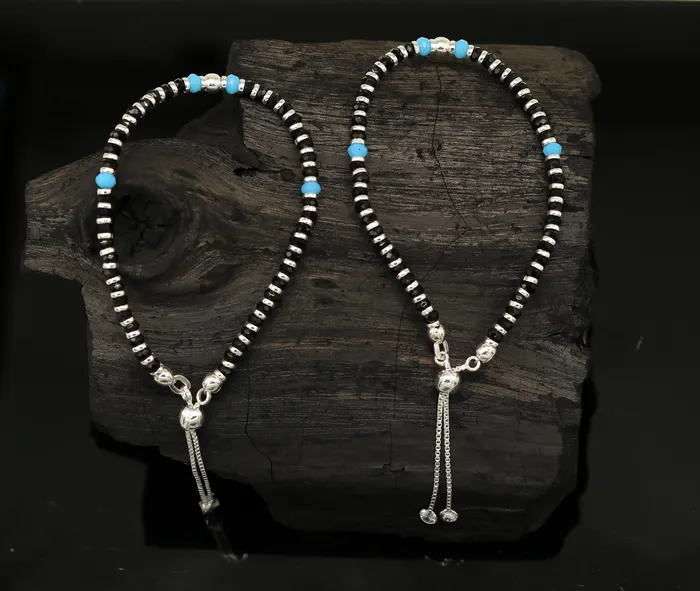 Bracelets TRIBAL ORNAMENTS 925 sterling silver handmade black and blue stone silver beads bracelet pretty charm bracelet customized beaded jewelry for girls sbr174 Bracelets TRIBAL ORNAMENTS 925 sterling silver handmade black and blue stone silver beads bracelet pretty charm bracelet customized beaded jewelry for girls sbr174