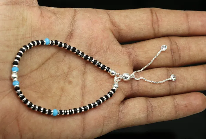 Bracelets TRIBAL ORNAMENTS 925 sterling silver handmade black and blue stone silver beads bracelet pretty charm bracelet customized beaded jewelry for girls sbr174