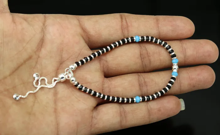 Bracelets TRIBAL ORNAMENTS 925 sterling silver handmade black and blue stone silver beads bracelet pretty charm bracelet customized beaded jewelry for girls sbr174