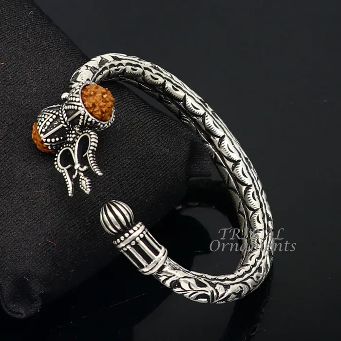 Bracelets TRIBAL ORNAMENTS 925 Sterling silver handmade chitai work Lord Shiva trident trishul kada bangle bracelet with natural Rudraksha customized kada nsk592