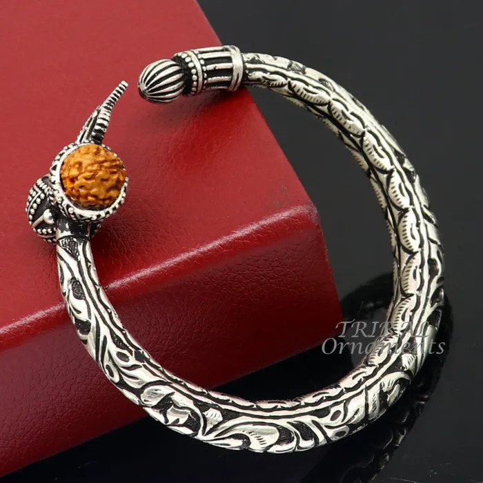 Bracelets TRIBAL ORNAMENTS 925 Sterling silver handmade chitai work Lord Shiva trident trishul kada bangle bracelet with natural Rudraksha customized kada nsk592