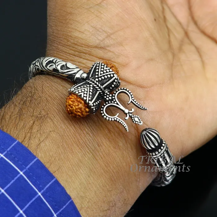 Bracelets TRIBAL ORNAMENTS 925 Sterling silver handmade chitai work Lord Shiva trident trishul kada bangle bracelet with natural Rudraksha customized kada nsk592