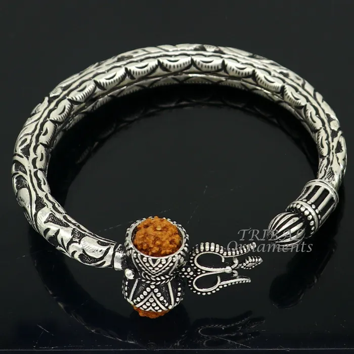 Bracelets TRIBAL ORNAMENTS 925 Sterling silver handmade chitai work Lord Shiva trident trishul kada bangle bracelet with natural Rudraksha customized kada nsk592