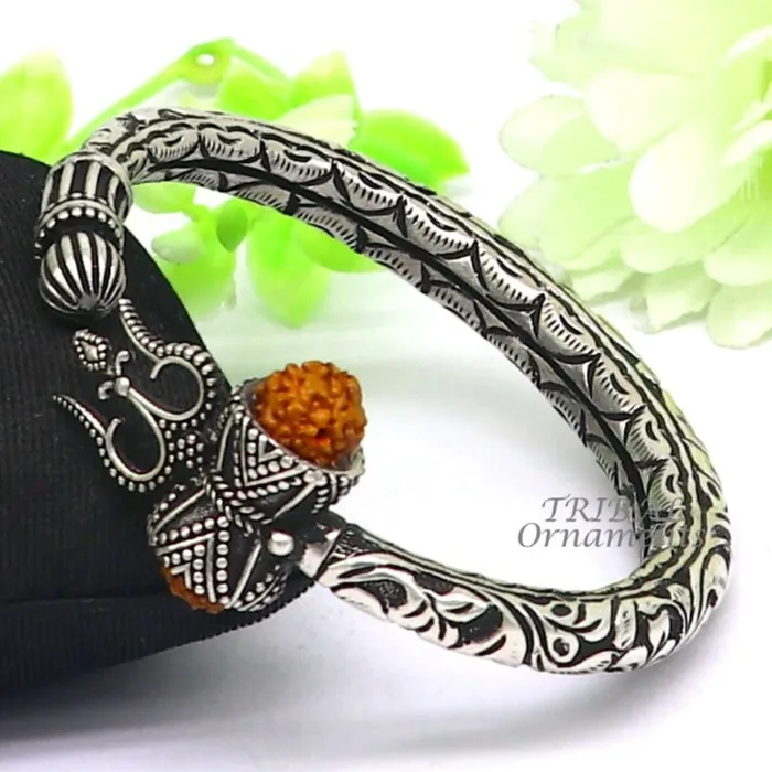Bracelets TRIBAL ORNAMENTS 925 Sterling silver handmade chitai work Lord Shiva trident trishul kada bangle bracelet with natural Rudraksha customized kada nsk592