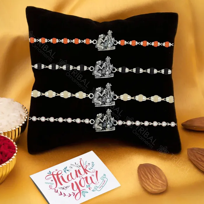 Bracelets TRIBAL ORNAMENTS Amazing Stylish lord shiva Darbar 925 sterling silver rakhi bracelet in rudrakshblack basilwhite basil and silver beaded chain rk254 Bracelets TRIBAL ORNAMENTS Amazing Stylish lord shiva Darbar 925 sterling silver rakhi bracelet in rudrakshblack basilwhite basil and silver beaded chain rk254