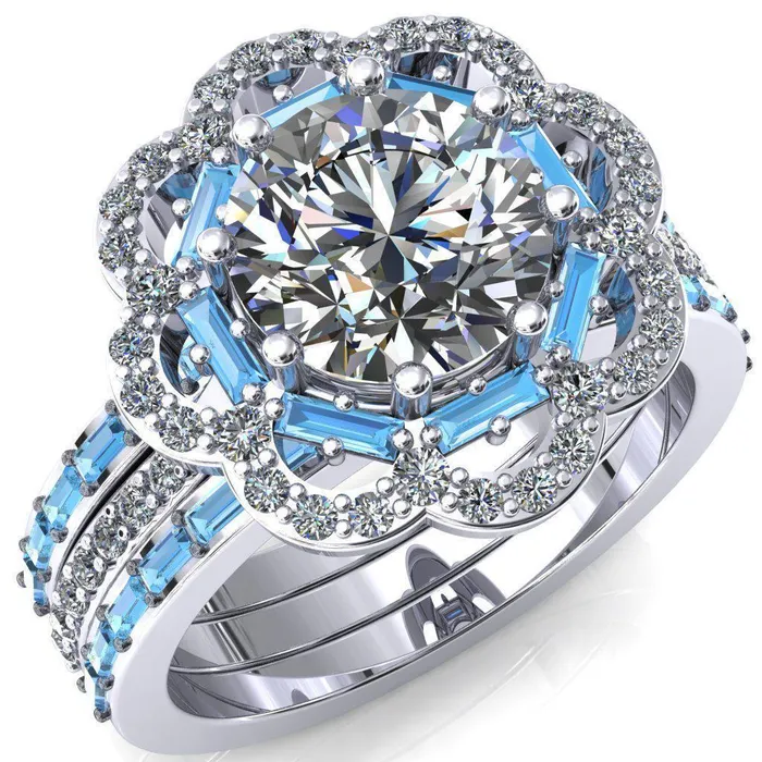 Camelia Round Center Stone Accent Diamond and Aqua Blue Spinel Halo Ring Fire Brilliance Rings