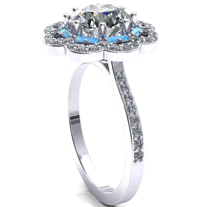 Camelia Round Center Stone Accent Diamond and Aqua Blue Spinel Halo Ring Fire Brilliance Rings