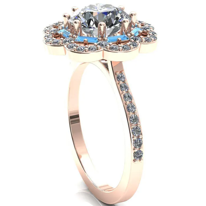 Camelia Round Center Stone Accent Diamond and Aqua Blue Spinel Halo Ring Fire Brilliance Rings