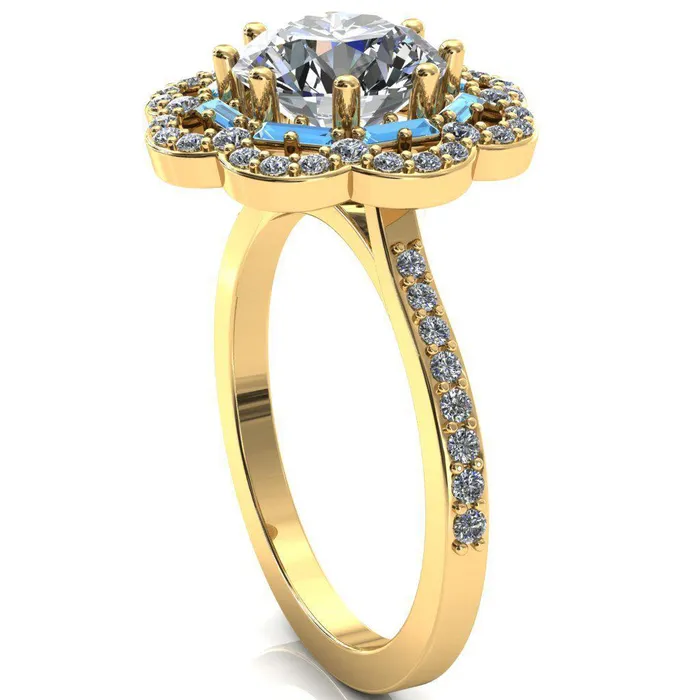 Camelia Round Center Stone Accent Diamond and Aqua Blue Spinel Halo Ring Fire Brilliance Rings
