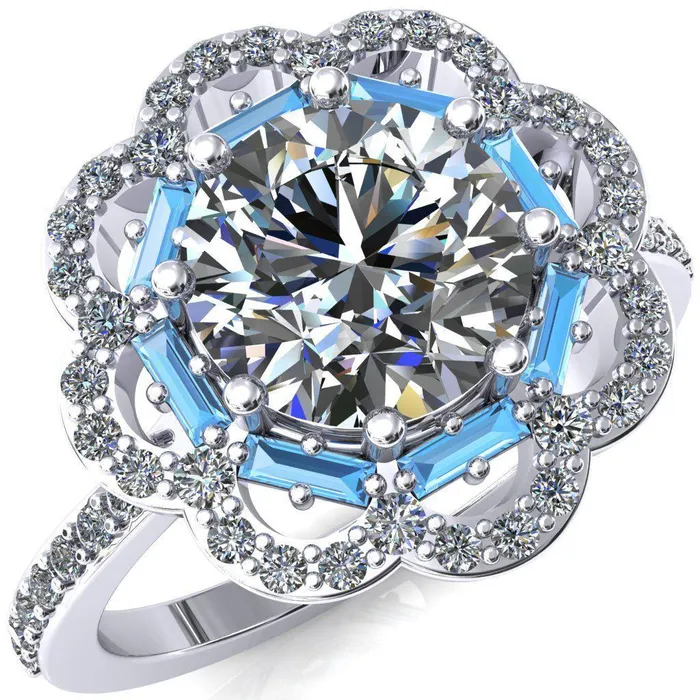 Camelia Round Center Stone Accent Diamond and Aqua Blue Spinel Halo Ring Fire Brilliance Rings