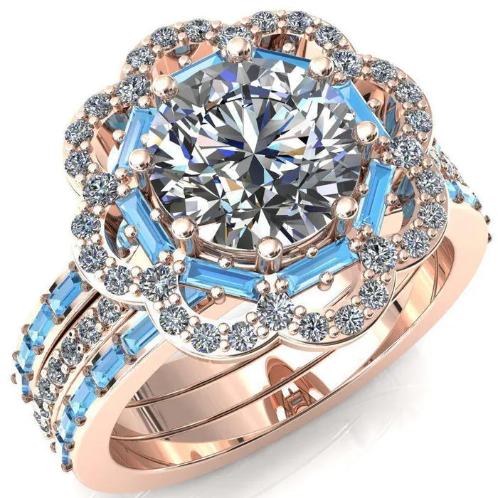 Camelia Round Center Stone Accent Diamond and Aqua Blue Spinel Halo Ring Fire Brilliance Rings