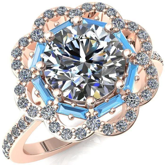 Camelia Round Center Stone Accent Diamond and Aqua Blue Spinel Halo Ring Fire Brilliance Rings