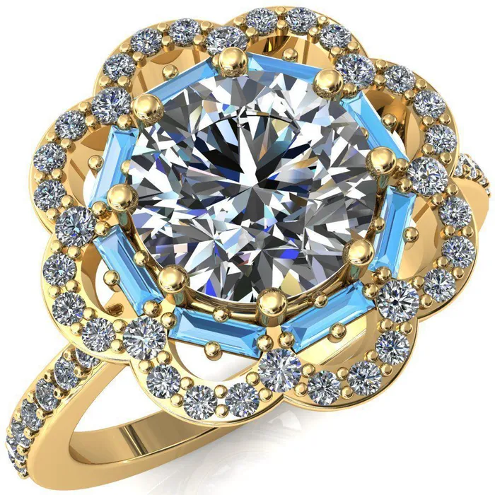 Camelia Round Center Stone Accent Diamond and Aqua Blue Spinel Halo Ring Fire Brilliance Rings