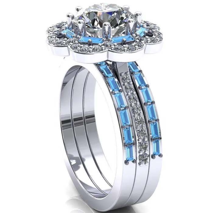 Camelia Round Center Stone Accent Diamond and Aqua Blue Spinel Halo Ring Fire Brilliance Rings
