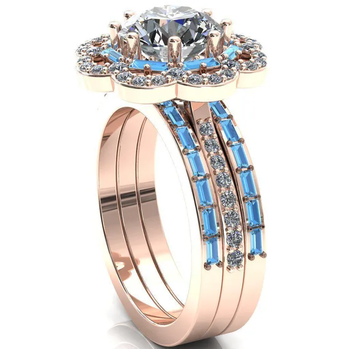 Camelia Round Center Stone Accent Diamond and Aqua Blue Spinel Halo Ring Fire Brilliance Rings