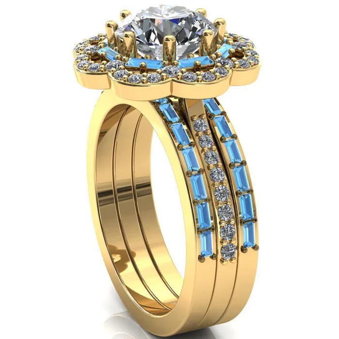 Camelia Round Center Stone Accent Diamond and Aqua Blue Spinel Halo Ring Fire Brilliance Rings