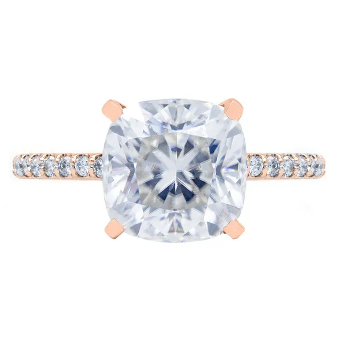 Cushion Crushed Ice Moissanite 4 Prongs Diamond Accent Ice Solitaire Ring Fire Brilliance Rings