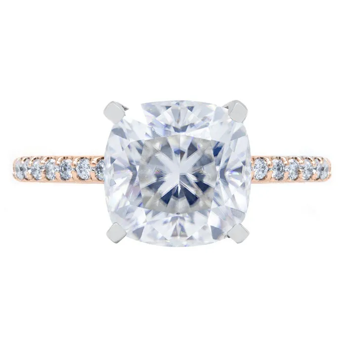 Cushion Crushed Ice Moissanite 4 Prongs Diamond Accent Ice Solitaire Ring Fire Brilliance Rings