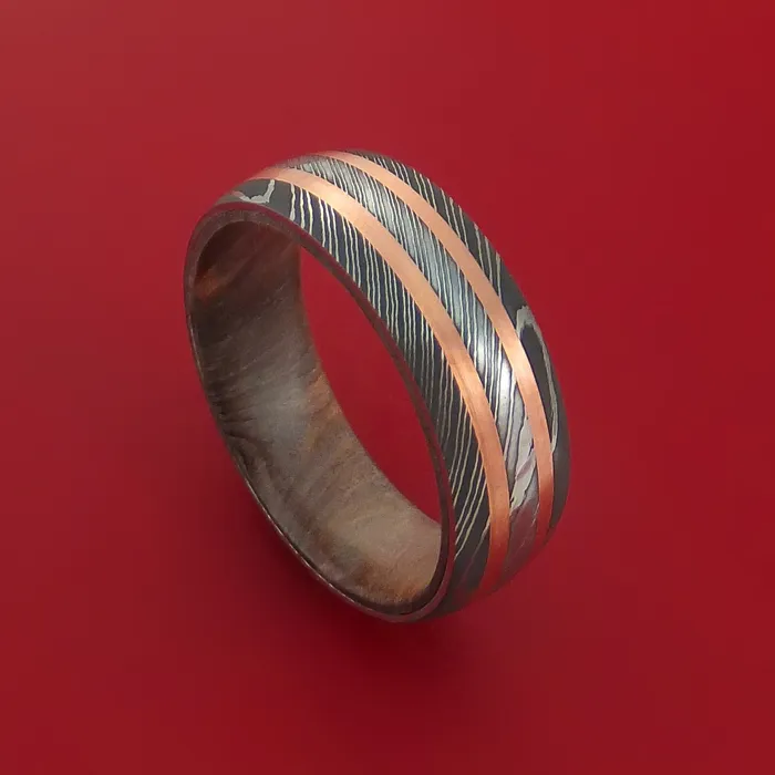 Damascus Steel Ring with Copper Inlay and Interior Hardwood Sleeve Custom Made Band Lashbrook Rings Damascus Steel Ring with Copper Inlay and Interior Hardwood Sleeve Custom Made Band Lashbrook Rings