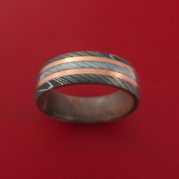 Damascus Steel Ring with Copper Inlay and Interior Hardwood Sleeve Custom Made Band Lashbrook Rings Damascus Steel Ring with Copper Inlay and Interior Hardwood Sleeve Custom Made Band Lashbrook Rings