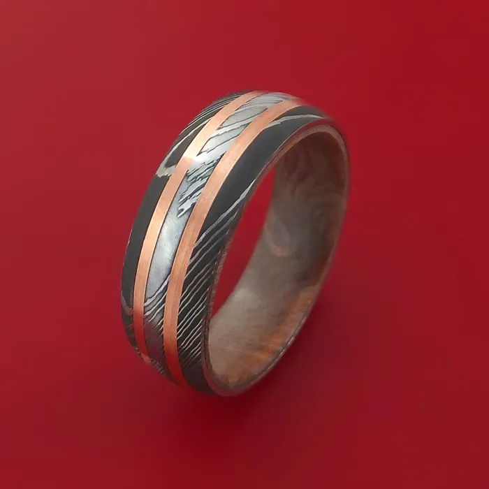 Damascus Steel Ring with Copper Inlay and Interior Hardwood Sleeve Custom Made Band Lashbrook Rings Damascus Steel Ring with Copper Inlay and Interior Hardwood Sleeve Custom Made Band Lashbrook Rings