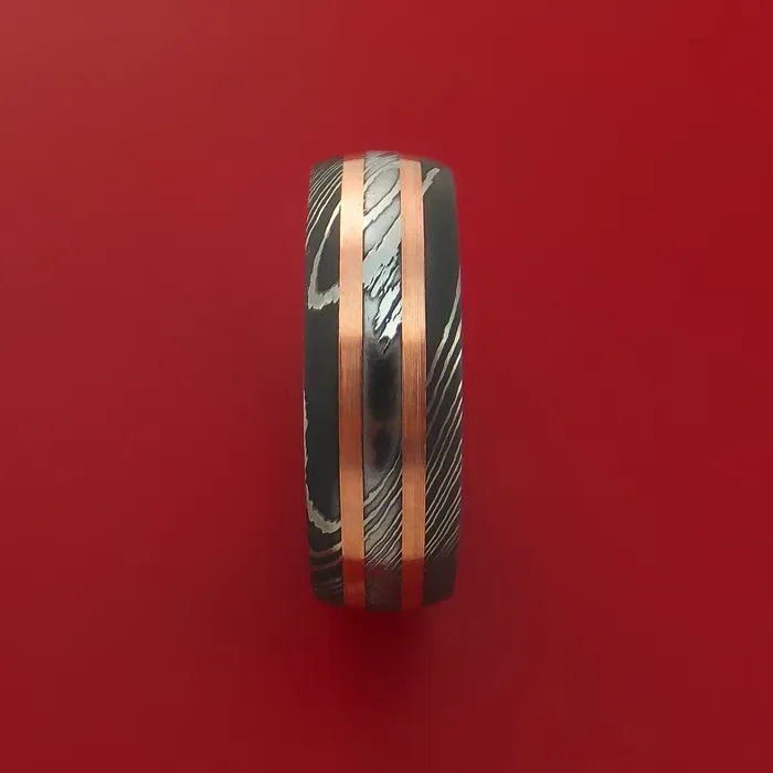 Damascus Steel Ring with Copper Inlay and Interior Hardwood Sleeve Custom Made Band Lashbrook Rings Damascus Steel Ring with Copper Inlay and Interior Hardwood Sleeve Custom Made Band Lashbrook Rings