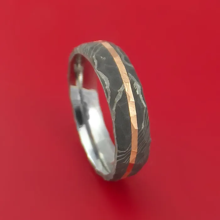 Damascus Steel Rock Hammered Ring with Angled 14k Rose Gold Inlay Custom Band Lashbrook Rings Damascus Steel Rock Hammered Ring with Angled 14k Rose Gold Inlay Custom Band Lashbrook Rings