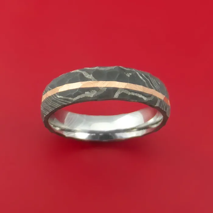 Damascus Steel Rock Hammered Ring with Angled 14k Rose Gold Inlay Custom Band Lashbrook Rings Damascus Steel Rock Hammered Ring with Angled 14k Rose Gold Inlay Custom Band Lashbrook Rings