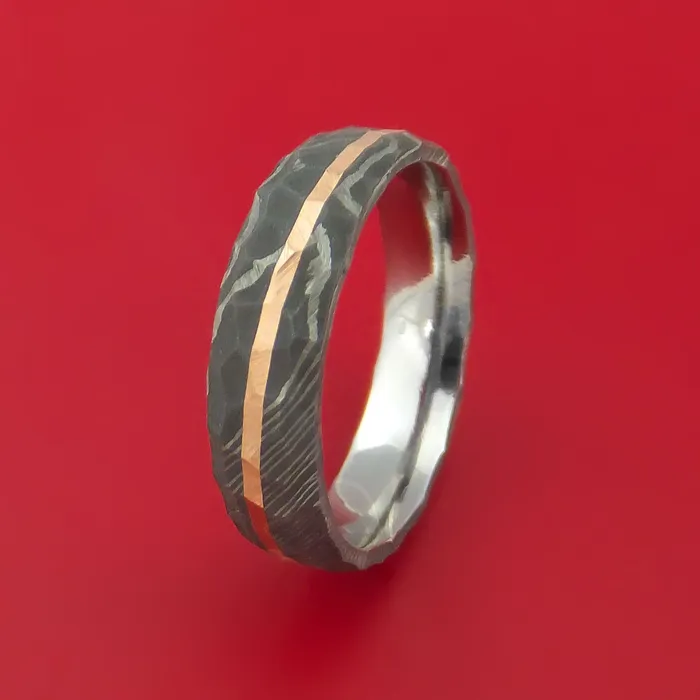 Damascus Steel Rock Hammered Ring with Angled 14k Rose Gold Inlay Custom Band Lashbrook Rings Damascus Steel Rock Hammered Ring with Angled 14k Rose Gold Inlay Custom Band Lashbrook Rings