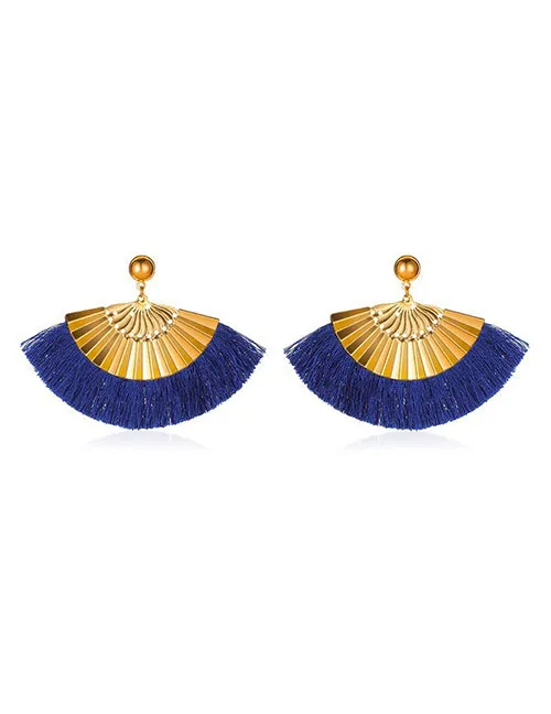 E1195 Large Gold Fan Royal Blue Tassel Earrings 02 Earrings