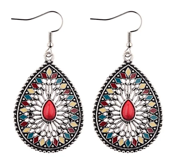 E1278 Silver Teardrop Red Gemstone Baked Enamel Earrings polly Earrings