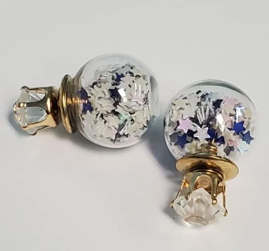 E1298 Blue Iridescent Star Confetti Filled Ball Rhinestone Earrings Susan Earrings