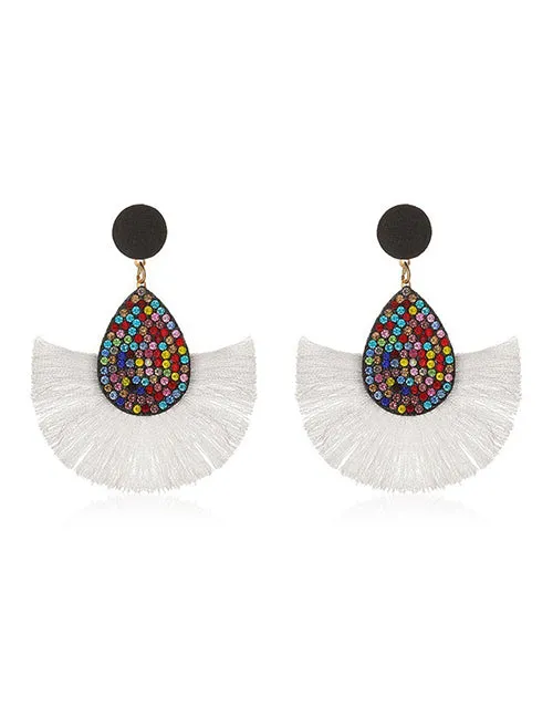 E1342 Multi Color Rhinestone White Fan Shape Earrings 02 Earrings