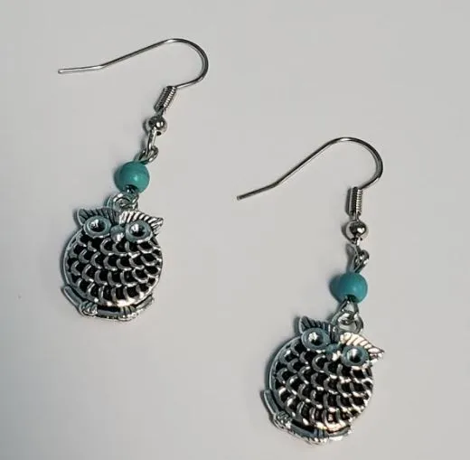 E464 Silver Owl Turquoise Stone Earrings polly Earrings
