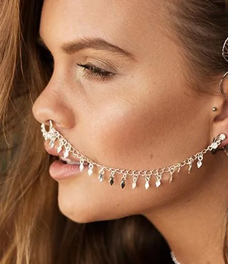 E67 Gold Ear to Nose Chain 02 Earrings