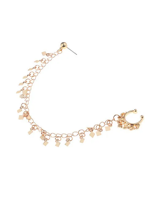 E67 Gold Ear to Nose Chain 02 Earrings