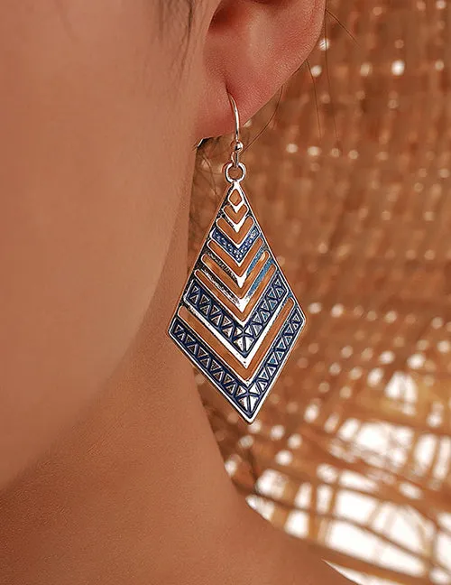 E819 Silver Vintage Blue Bead Dangle Earrings 02 Earrings