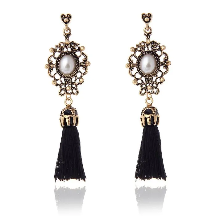 E826 Gold Pearl Black Tassel Earrings 01 Earrings