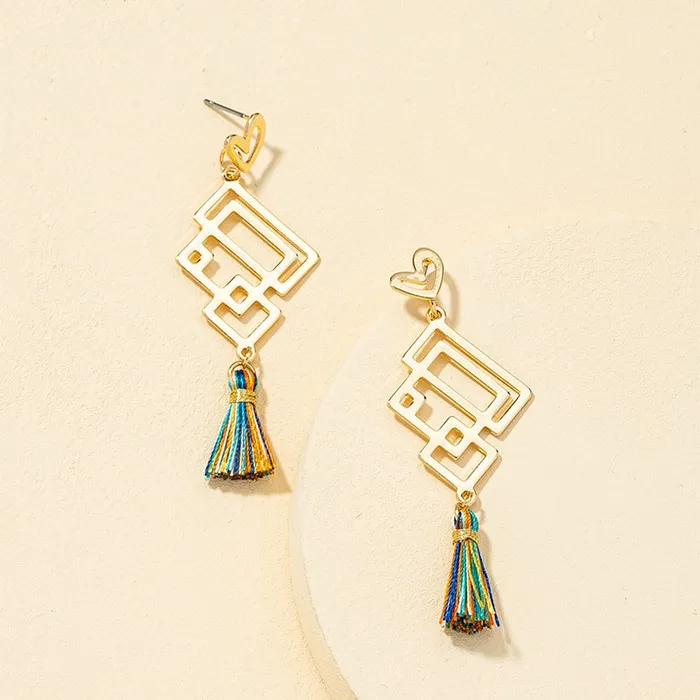 Earrings 01 E1242 Gold Geometric Multi Color Tassel Earrings